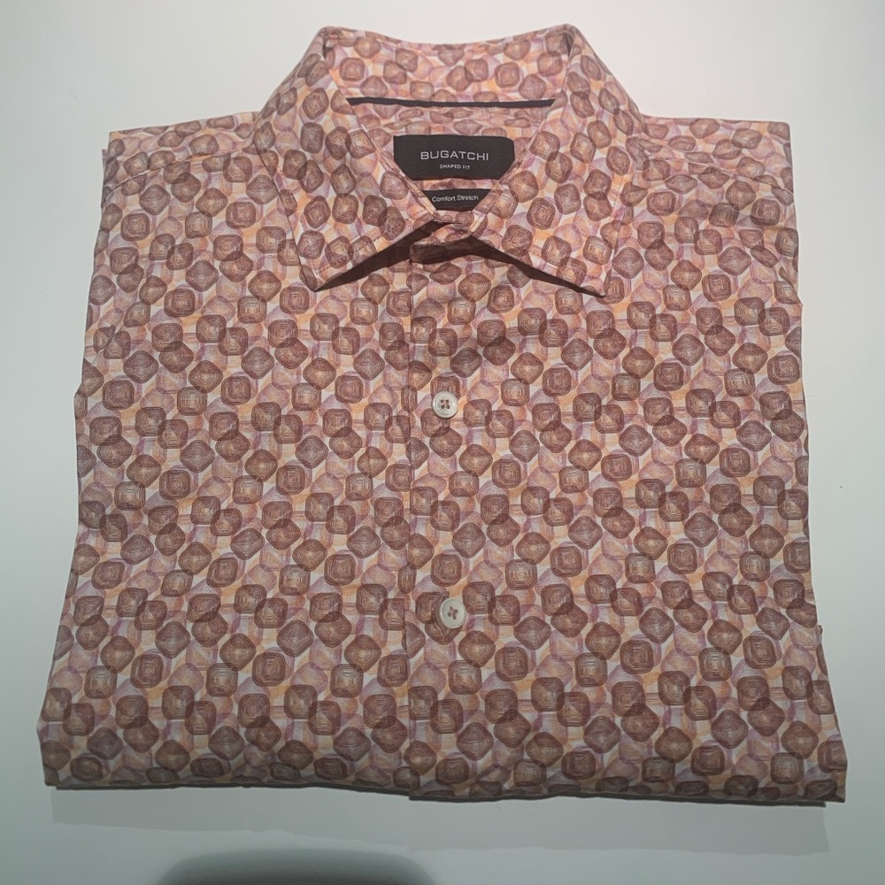 Bugatchi Brown Shaped Fit Dress Shirt Geometric Design Comfort atretch
